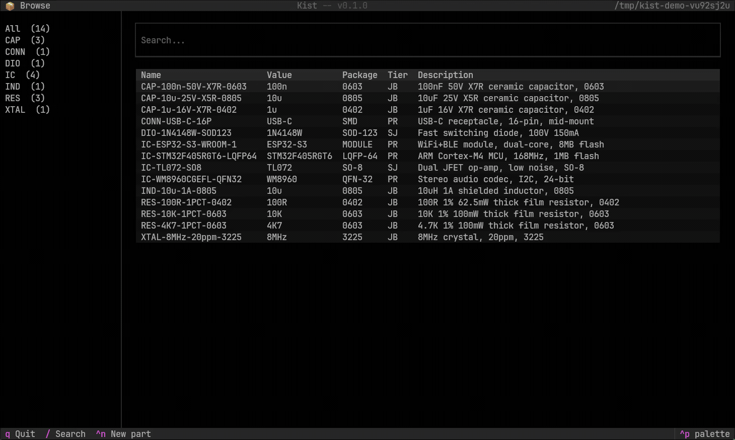kist TUI demo -- adding a part, browsing KiCad libraries, and previewing symbols